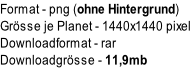 Format	- png (ohne Hintergrund)
Grösse je Planet - 1440x1440 pixel
Downloadformat	- rar
Downloadgrösse	- 11,9mb